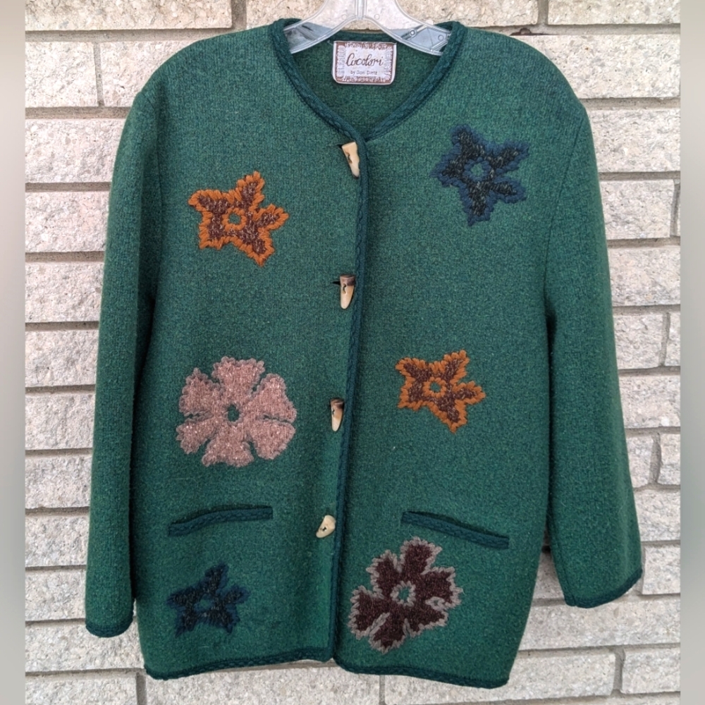 Vtg Sweater COCOLORI  By Dori Dietz Green Crochet Pockets Made In Italy Sz Med.